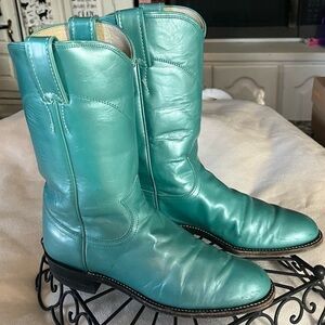 Turquoise Pearl Leather Justin Roper Boots 1” Heel Size 5 1/2B Unisex